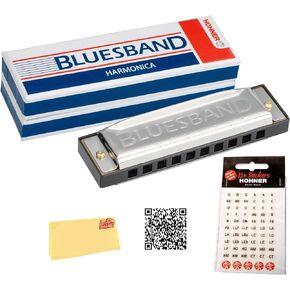 Hohner Blues Band Harmonica - حزمة مفتاح C مع حافظة بسحاب، ودليل تعليمات، وقماش تلميع Austin Bazaar