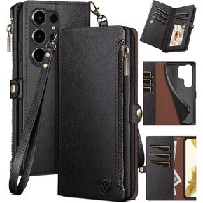 XcaseBar compatible with Samsung Galaxy S25 Ultra Wallet case with Zipper Credit Card Holder【RFID Blocking】,Flip Folio Book PU Leather Phone case Shockproof Cover Women Men for S25 Ultra case Wine Red