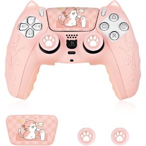 PS5 Controller Skin, Anti-Slip Controller Cover Case with Thumb Grip Caps for PlayStation 5 DualSense Wireless Controller (Pink)