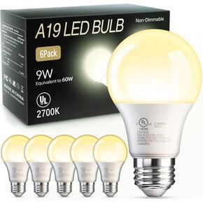 TJOY 24 Pack A19 LED Light Bulbs Soft Warm White 2700K, 60 Watt Equivalent, Efficient 9W, E26 Standard Base, Non Dimmable Energy Saving Warm Light Lamp Bulb, 800LM 120V, for Home, Bedroom, Living Room