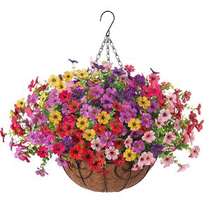 Ivydale Artificial Fake Fall Autumn Hanging Plants Flowers Basket for Outdoor Outside, Faux Silk Orange Yellow Mums Daisy Look Real UV Resistant for Home Porch Patio Balcony Yard Decor