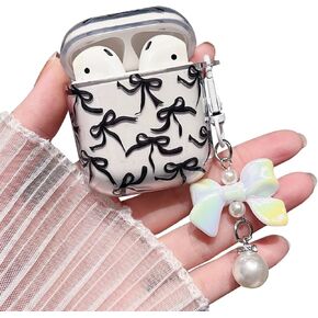 MINSCOSE Compatible with AirPods 4 Clear Case,Cute Ribbon Bow Pretty Aesthetic Design with Bow Pearl Keychain,Soft TPU Protective Shockproof Case for Women Girl for Airpod 4-Pink