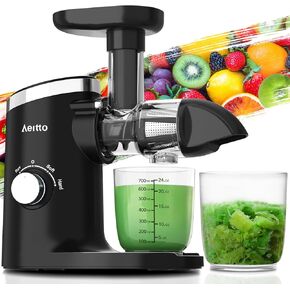 Aeitto Juicer Machines, Cold Press Juicer with Soft & Hard Modes, Quiet Motor, Reverse Function, Juicer Machines Vegetable and Fruit, Juice Extractor machine, Easy to Clean with Brush, Black