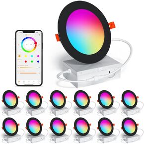Smart Recessed Lighting 4 Inch RGBCW Color Changing 12W LED Downlight with Junction Box,1000 Lumen Recessed Ceiling Light Compatible with Alexa,Dimmable by Bluetooth Control -12Pack
