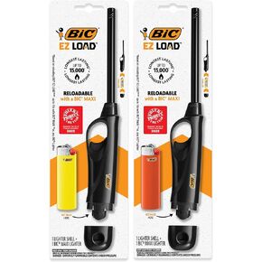 BIC EZ Load Lighter, Reloadable Multi Purpose Lighter, Great to Use as a Utility Lighter or Camp Lighter, Pack with 2 BIC EZ Load Long Lighter Shell and 2 BIC Maxi Pocket Lighters (Colors May Vary)