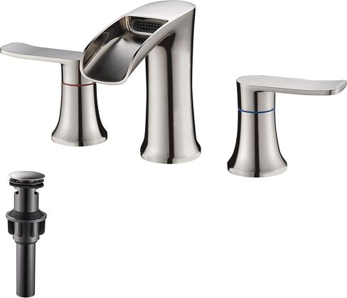 YUNDOOM Bathroom Faucet, 4 Inch Centerset, Waterfall, 2 Handle, Matte Black, 3 Hole, 360 Degree Swivel Spout, Pop Up Drain Included in Saudi Arabia