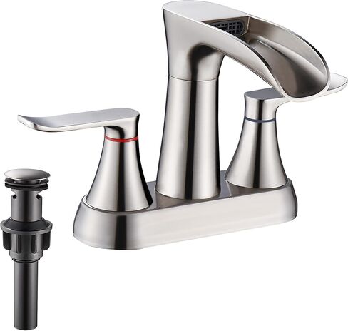 YUNDOOM Bathroom Faucet, 4 Inch Centerset, Waterfall, 2 Handle, Matte Black, 3 Hole, 360 Degree Swivel Spout, Pop Up Drain Included in Saudi Arabia