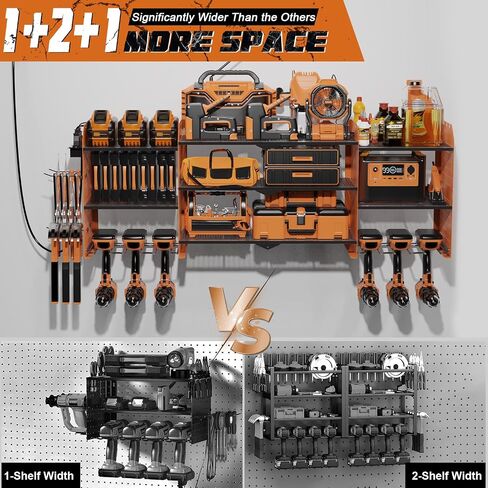 Power Tool Organizer Wall Mount with Charging Station, 45.5" Expanded Garage Wall Tool Organizer with 4 Pegboard Hooks, 6.5FT Outlet Power Strip, Large Garage Storage Rack for Impact Wrenches in Saudi Arabia