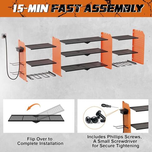 Power Tool Organizer Wall Mount with Charging Station, 45.5" Expanded Garage Wall Tool Organizer with 4 Pegboard Hooks, 6.5FT Outlet Power Strip, Large Garage Storage Rack for Impact Wrenches in Saudi Arabia
