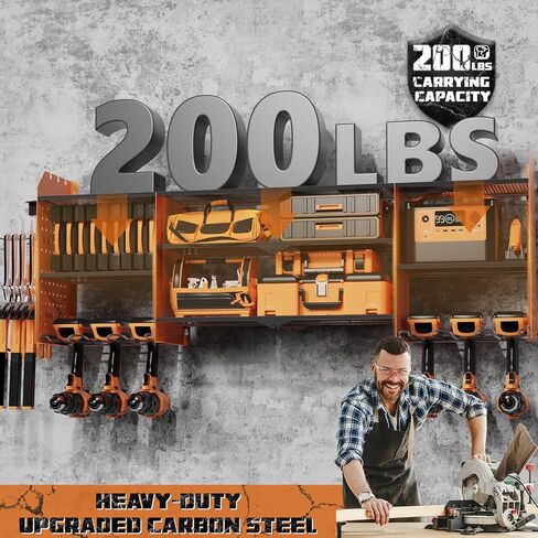 Power Tool Organizer Wall Mount with Charging Station, 45.5" Expanded Garage Wall Tool Organizer with 4 Pegboard Hooks, 6.5FT Outlet Power Strip, Large Garage Storage Rack for Impact Wrenches in Saudi Arabia