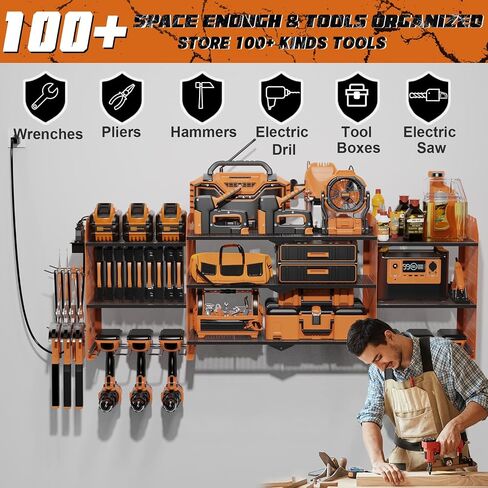 Power Tool Organizer Wall Mount with Charging Station, 45.5" Expanded Garage Wall Tool Organizer with 4 Pegboard Hooks, 6.5FT Outlet Power Strip, Large Garage Storage Rack for Impact Wrenches in Saudi Arabia