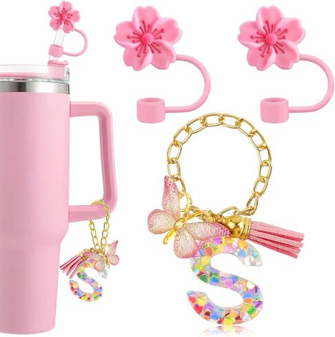 2pcs قش غطاء لإكسسوارات كأس ستانلي 40 أوقية 30 أونصة مع سحر خطاب 1pcs لـ Stanley Cup Silicone Straw Toppers للأغطية البهلوانية مع المقبض (K) in Kuwait