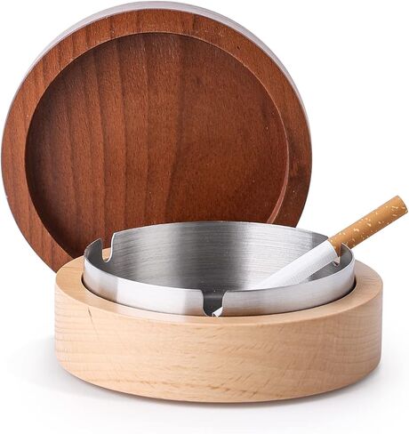 Ashtray with Lid, VViN Windproof Ashtray for Indoor and Outdoor Use, Wooden with Stainless Steel Liner, Portable Ash Tray for Home, Office, Patio, Garden Decoration in Saudi Arabia