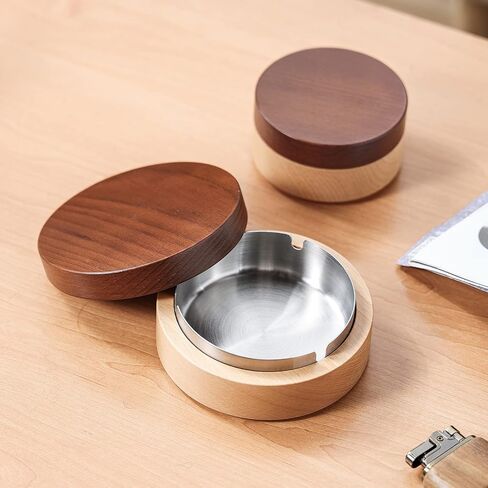 Ashtray with Lid, VViN Windproof Ashtray for Indoor and Outdoor Use, Wooden with Stainless Steel Liner, Portable Ash Tray for Home, Office, Patio, Garden Decoration in Saudi Arabia