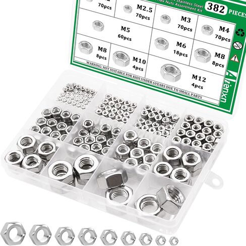 153PCS Hex Nut Set, 304 Stainless Steel Hardware Nuts, 10 SAE Sizes - 4#40, 6#32, 8#32, 10#24, 10#32, 12#24, 1/4-20, 5/16-18, 3/8-16, 1/2-13, Hex Nut Kit in Saudi Arabia