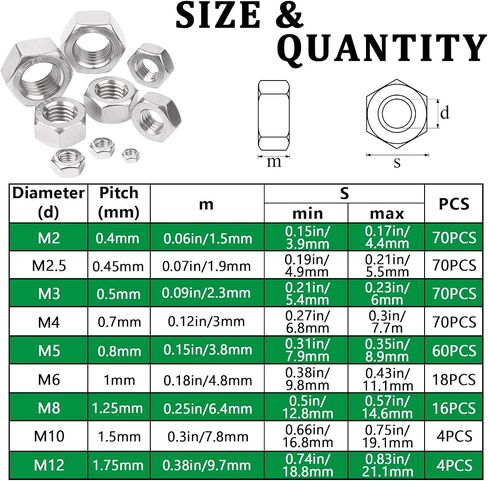 153PCS Hex Nut Set, 304 Stainless Steel Hardware Nuts, 10 SAE Sizes - 4#40, 6#32, 8#32, 10#24, 10#32, 12#24, 1/4-20, 5/16-18, 3/8-16, 1/2-13, Hex Nut Kit in Saudi Arabia