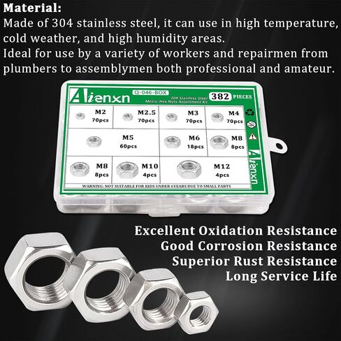 153PCS Hex Nut Set, 304 Stainless Steel Hardware Nuts, 10 SAE Sizes - 4#40, 6#32, 8#32, 10#24, 10#32, 12#24, 1/4-20, 5/16-18, 3/8-16, 1/2-13, Hex Nut Kit in Saudi Arabia