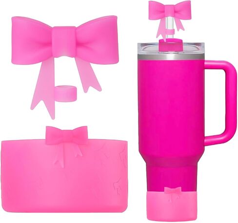 Bow Silicone Protective Stanley Boot for 20/30/40Oz, Bow Straw Cover Topper for Stanley Cup 10mm/0.4in, 2 Pack Stanley Cup Accessories Compatible 12-24Oz for Hydroflask Boot and More (Pink Set) in Saudi Arabia