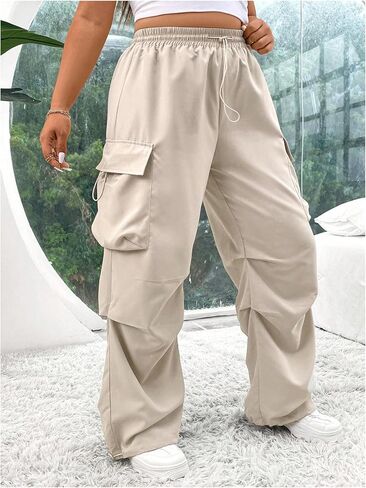 OYOANGLE Women's Plus Size Elastic Waist Cargo Pants Flap Pocket Ruched Parachute Pants Y2k Jogger Sweatpants in Saudi Arabia
