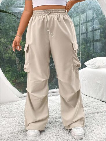 OYOANGLE Women's Plus Size Elastic Waist Cargo Pants Flap Pocket Ruched Parachute Pants Y2k Jogger Sweatpants in Saudi Arabia