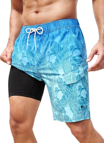 SILKWORLD Mens Swim Trunks with Compression Liner 9 Inch Bathing Suits Quick-Dry Swimmming Beach Shorts with Cargo Pockets in Kuwait