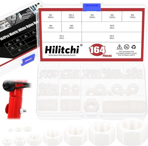 Hilitchi 164PCS Black Nylon Hex Nuts M2 M2.5 M3 M4 M5 M6 M8 M10 M12 M14 Metric Coarse Thread Nylon Hexagon Nuts Assortment Kit for Industrial Home Automotive Construction Fasteners in Saudi Arabia
