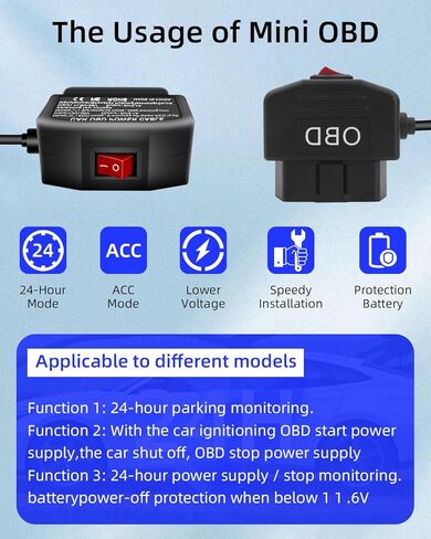 كابل طاقة OBD لكاميرا DASH ، OBD2 إلى كابل شاحن Hardwire Micro USB مع زر التبديل 24 ساعة مراقبة و ACC 2 MODE 12-24 V إلى 5V/3A 11.5ft (smicror) in Kuwait