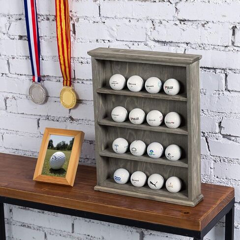 MyGift Premium Solid Acacia Wood Wall Mounted Golf Ball Holder Frame Shelf, Hanging Open Display 4 Tier Cabinet Collector Case Holds up to 16 Balls in Saudi Arabia