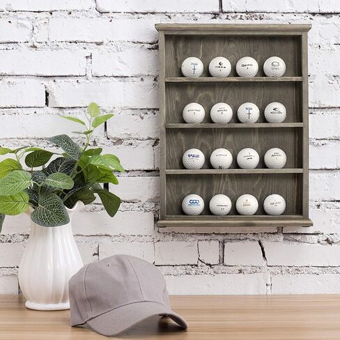 MyGift Premium Solid Acacia Wood Wall Mounted Golf Ball Holder Frame Shelf, Hanging Open Display 4 Tier Cabinet Collector Case Holds up to 16 Balls in Saudi Arabia