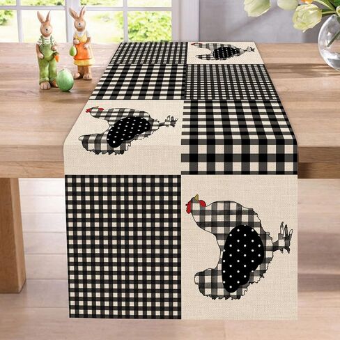 Seliem Farm Animal Chicken Hen Black White Buffalo Plaid Check Table Runner, Farmhouse Chick Home Kitchen Holiday Spring Summer Decor, Easter Country Rustic Burlap Dining Decoration Party Supply 13x72 in Saudi Arabia