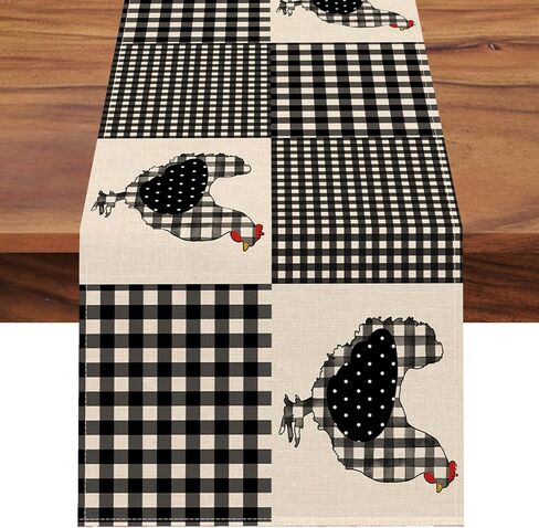 Seliem Farm Animal Chicken Hen Black White Buffalo Plaid Check Table Runner, Farmhouse Chick Home Kitchen Holiday Spring Summer Decor, Easter Country Rustic Burlap Dining Decoration Party Supply 13x72 in Saudi Arabia
