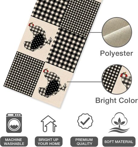 Seliem Farm Animal Chicken Hen Black White Buffalo Plaid Check Table Runner, Farmhouse Chick Home Kitchen Holiday Spring Summer Decor, Easter Country Rustic Burlap Dining Decoration Party Supply 13x72 in Saudi Arabia