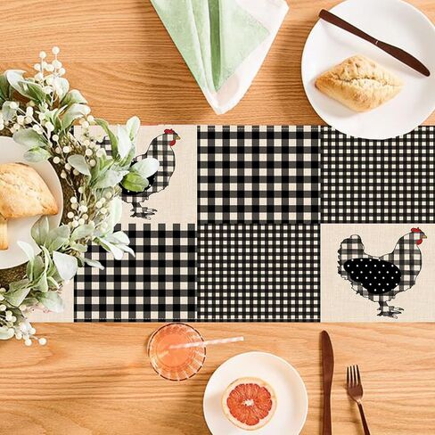 Seliem Farm Animal Chicken Hen Black White Buffalo Plaid Check Table Runner, Farmhouse Chick Home Kitchen Holiday Spring Summer Decor, Easter Country Rustic Burlap Dining Decoration Party Supply 13x72 in Saudi Arabia