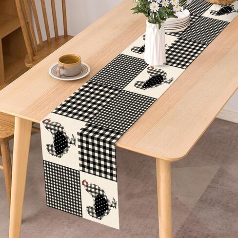 Seliem Farm Animal Chicken Hen Black White Buffalo Plaid Check Table Runner, Farmhouse Chick Home Kitchen Holiday Spring Summer Decor, Easter Country Rustic Burlap Dining Decoration Party Supply 13x72 in Saudi Arabia