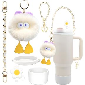 Cup Accessories Set for Stanley Cup 40oz & 30oz Tumbler, Including Water Bottle Handle Strap, Silicone Cup Boot, Silicone Straw Cover, Keychain Charms White