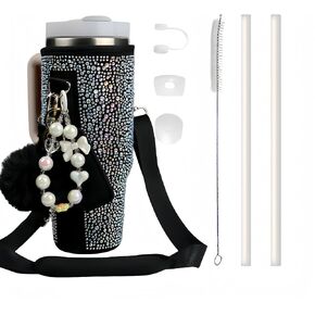 Water Bottle Carrier Bag for Stanley 40oz Tumbler - Stanley Cup Bag with Adjustable Strap, Straw Cover & Pompom Keychains - Stanley Cup Accessories, Purple Diamond in Saudi Arabia