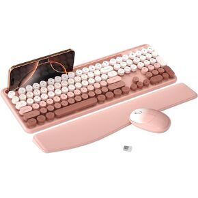 Colorful Wireless Computer Keyboard and Mouse Combo with Phone Holder, Wrist Rest, Typewriter Keys, 2.4GHz Wireless, Full-Sized Optical Mouse for PC and Laptop(Peach Colorful)