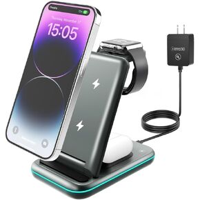 MSTJRY Wireless Charging Station, 3 in 1 Wireless Fast Charger Stand for iPhone 16/15/14/13/12/11/Pro/Max/XS/XR/X/8/Plus, for Apple Watch Ultra 8/7/6/5/4/3/2/SE, for AirPods 3/2/Pro(Adapter Included)