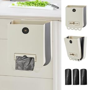 JIABEIUS Collapsible Hanging Trash Can, Compost Bin Kitchen with 300pcs of Garbage Bags, 2.4 Gallon Plastic Folding Garbage Bin for Cabinet/RV/Camping/Bedroom