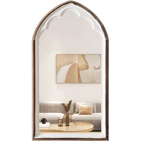 Rustic Wooden Arched Mirrors for Wall 24 X 36 Inch, Hanging Distressed White Vintage Decorative Wall-Mounted Mirrors, Farmhouse Dressing Arch Wall Mirror for Bedroom Bathroom Hallway