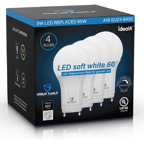 Great Eagle GU24 Led Bulb - A19 Shape, 9W (60W Equivalent), Dimmable, 3000K Soft White, UL Listed, Twist-in Light Bulb, 2 Prong Light Bulbs (4-Pack)