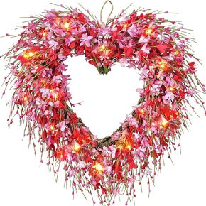 22 Inch Valentine's Day Heart Wreath, Artificial Red Berries Wreath with LED Lights for Valentines Day Gift Hang Indoor Decor Wedding Party Home Decoration (Teardrop Wreath)