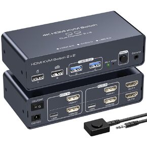 4K144Hz HDMI Displayport KVM Switch 2 Monitors 2 Computers 8K60Hz Dual Monitor KVM with 4 USB Ports Sharing Keyboard and Mouse Printer Scanner