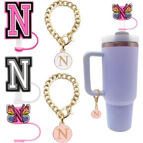 3PCS Straw Cover Cap for Stanley Cup 30&40 Oz Reusable 10mm Straw Topper Protector Lid with 2PCS Initial Personalized Letter Charms Stanley Cup Accessories for Stanley Tumbler (Letter A)