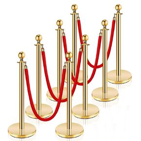 4 PCS Stainless Steel Stanchion Post Queue 5 ft Red Velvet Rope Red Carpet Ropes and Poles Crowd Control Barriers（Silver）