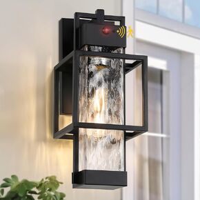 Motion Sensor Outdoor Wall Lights, Dusk to Dawn Black Sconce with Water Glass, Waterproof Exterior Light Fixture Wall Mount for House, Patio, Garage, Porch, Bulb Included