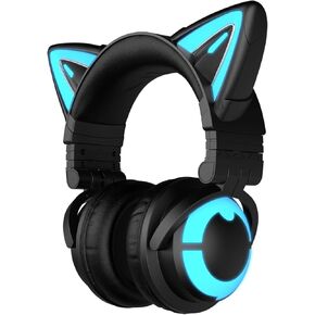 YOWU RGB Cat Ear Headphone CE Wireless 5.2 Foldable Gaming Headset with SoundMage Acoustic System, Built-in Mic & Customizable Lighting and Effect via APP, Designed for Gamer Girls（White）
