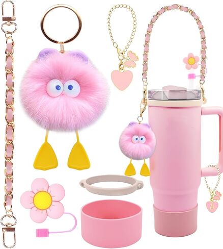 Cup Accessories Set for Stanley Cup 40oz & 30oz Tumbler, Including Water Bottle Handle Strap, Silicone Cup Boot, Silicone Straw Cover, Keychain Charms White in Saudi Arabia