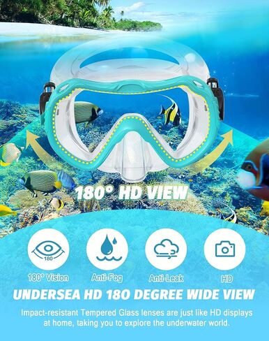 معدات الغطس للبالغين، مجموعة قناع الغطس برؤية بانورامية 180 درجة، 100% من السيليكون الآمن غذائيًا المضاد للضباب ومضاد للتسرب، قناع غوص علوي جاف للغطس والسباحة والغوص in Kuwait