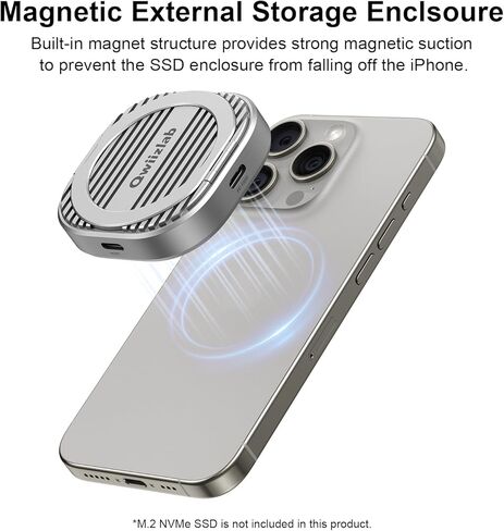 Qwiizlab Magnetic 2230 NVMe SSD Enclosure, Supports iPhone 16/15 Pro/Pro Max, 10Gbps USB C, 100W PD Charge, USB C for Audio/Mic, Aluminum Heat Sink Chassis, Fits M.2 PCIe M-Key 2TB (SSD Not Included) in Saudi Arabia